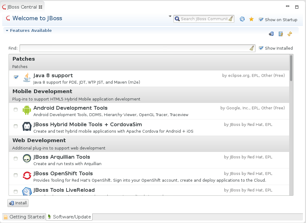 JBoss Central showing Java 8 Install connector