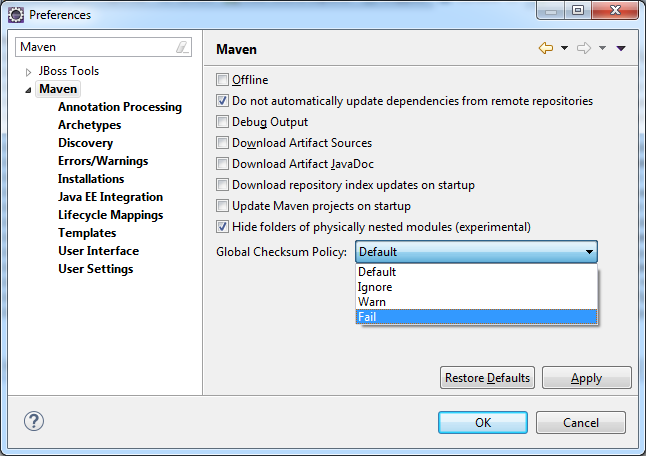 m2e checksum policy flag