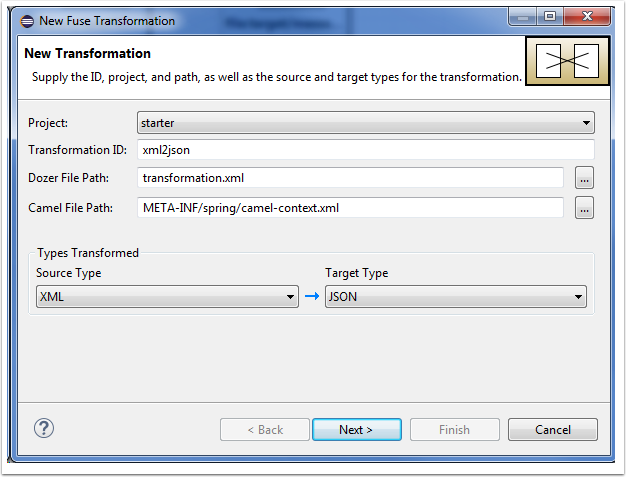 new fuse transformation wizard selecting types to transform