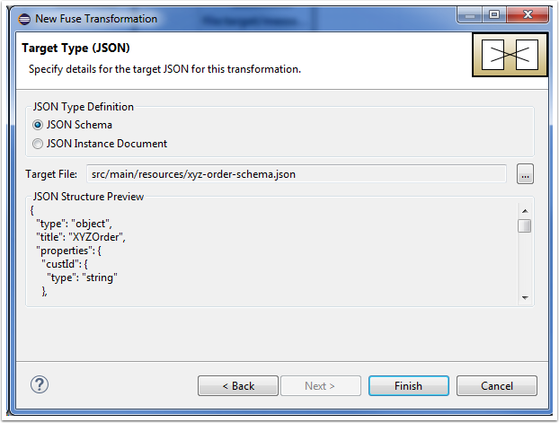 new fuse transformation wizard target json details