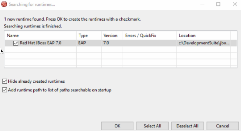 Searching for runtimes Window Listing Red Hat JBoss EAP 7.0