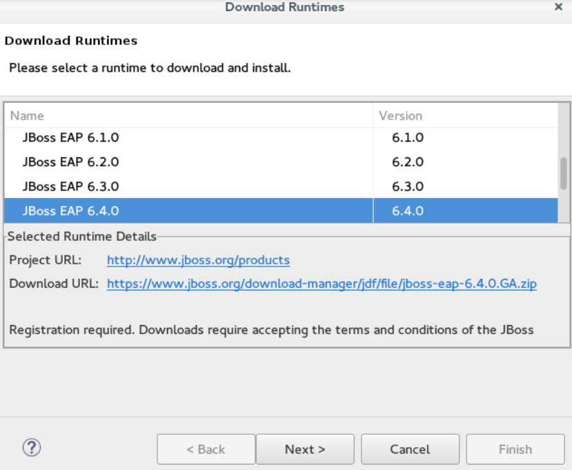 Download Runtimes Window Listing Available JBoss EAP Versions