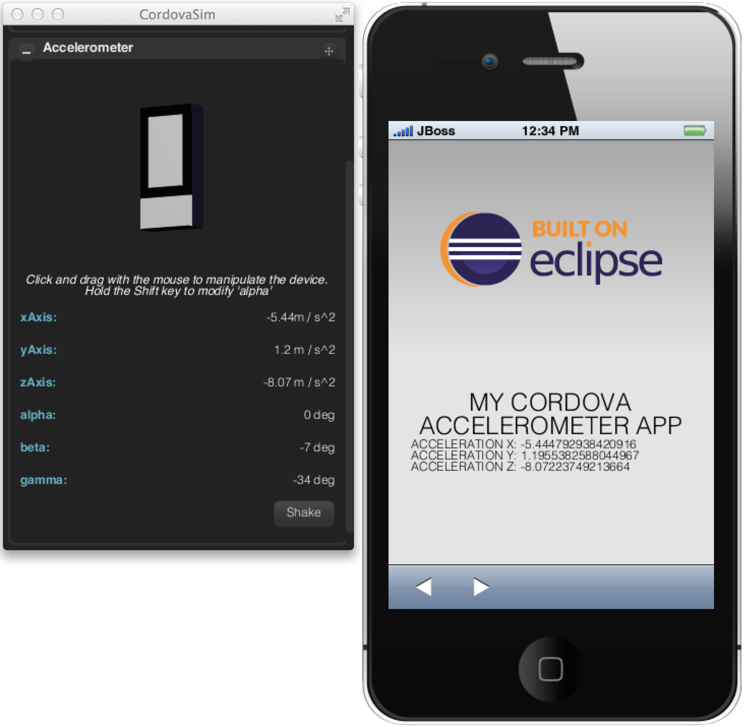 Generated Device Accelerometer Data Displayed in Application