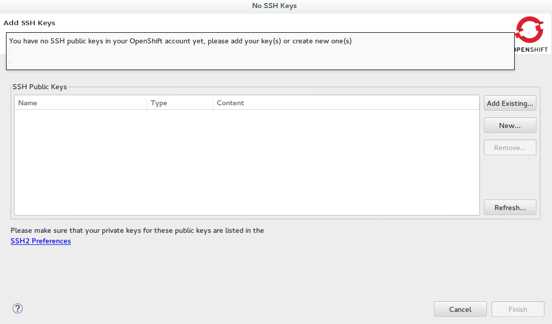 No SSH Key Window Displaying the Error Message