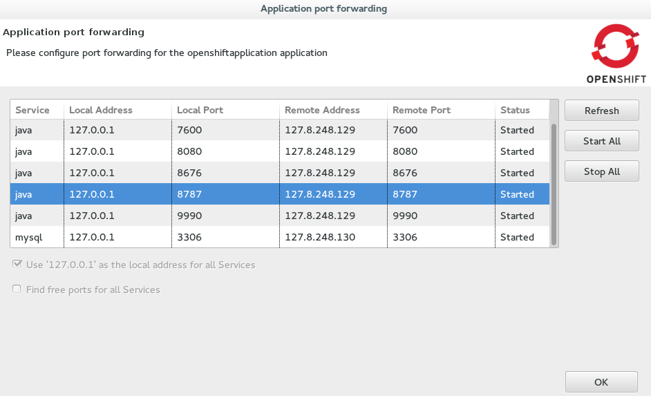 The Application port forwarding window