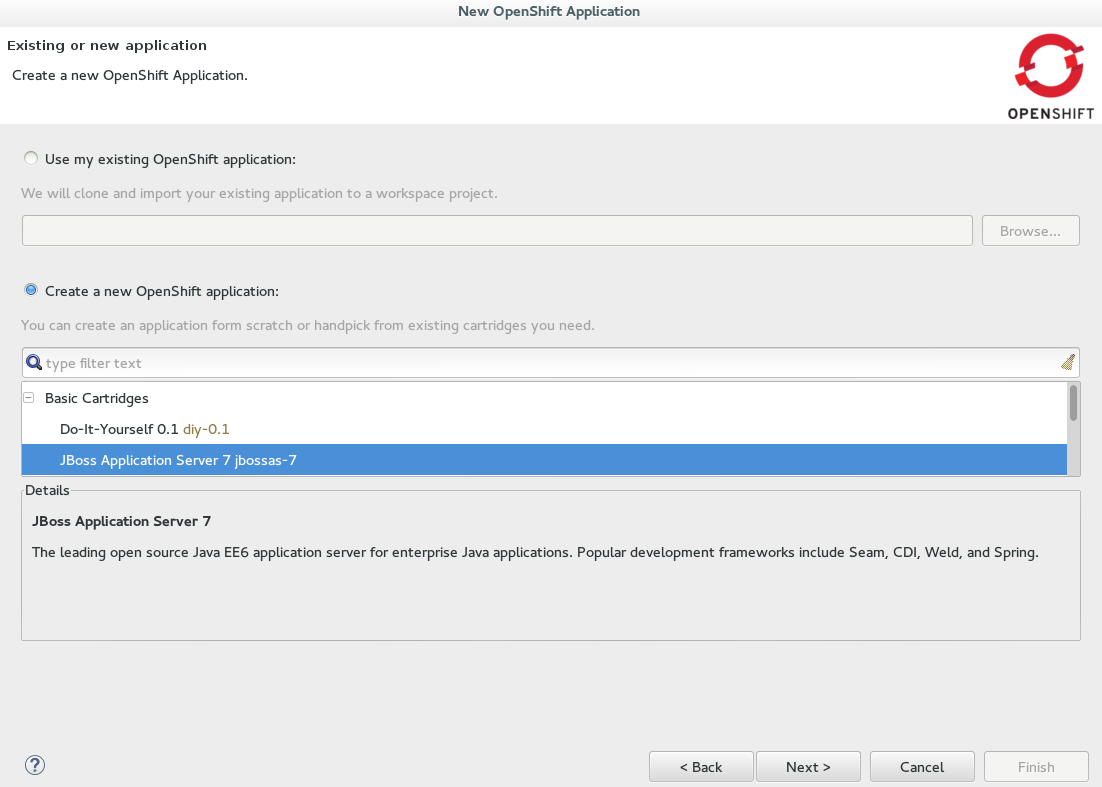 JBoss Application Server 7 selected as the Basic Cartridge