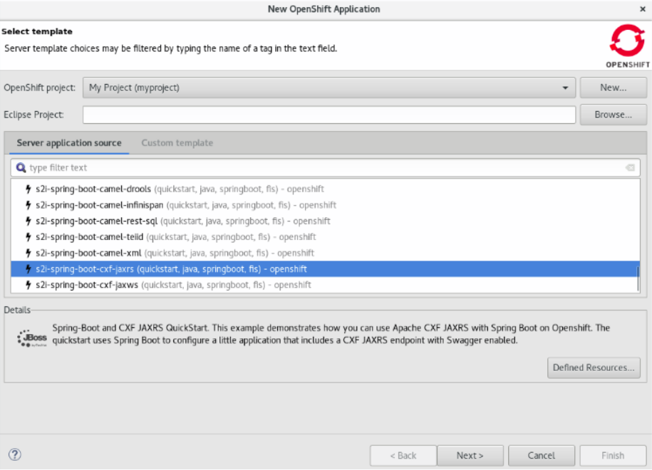 Selecting the s2i-spring-boot-cfx-jaxrs Template