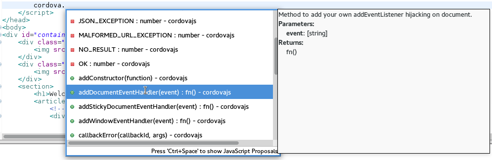 CordvaJS Content assist