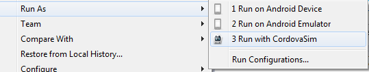 Run As CordovaSim