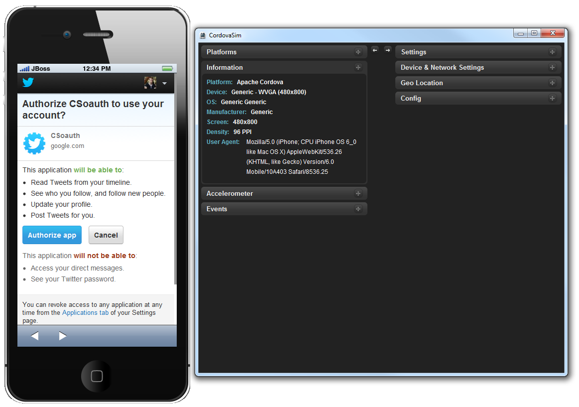 CordovaSim running Twitter OAuth example using ChildBrowser API