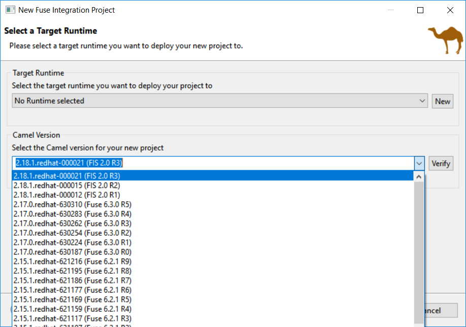 Fuse Version also displayed in drop-down list close to Camel version