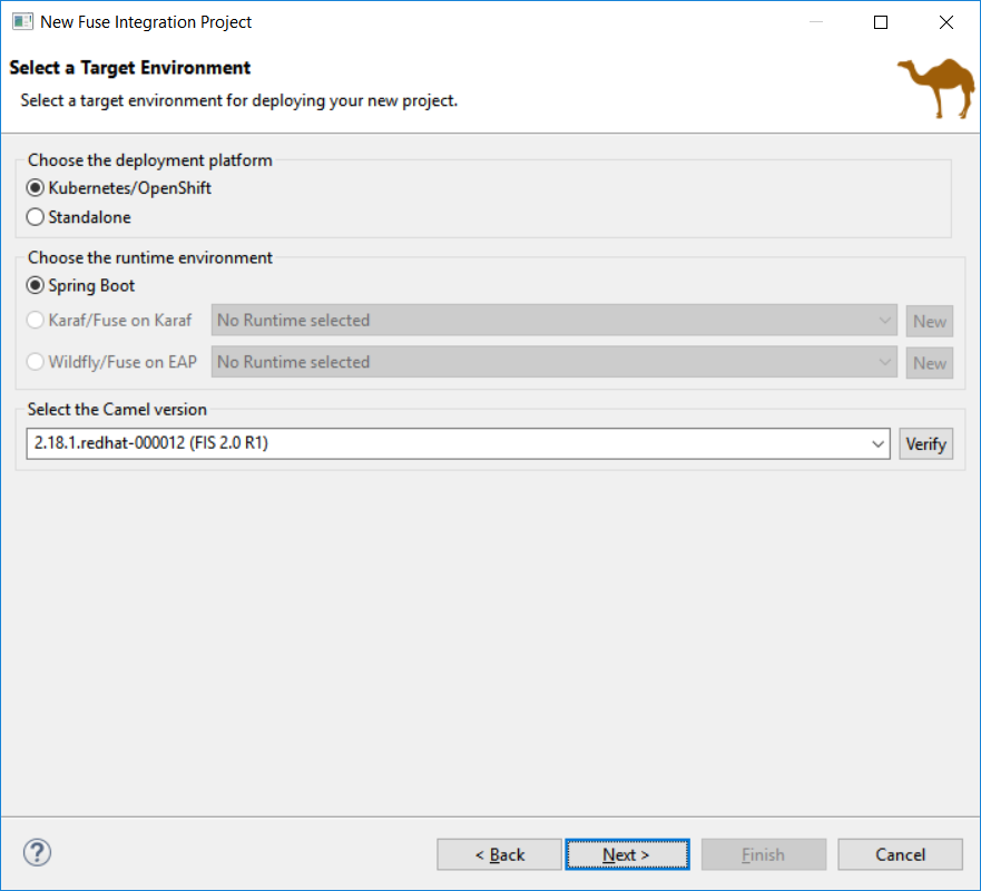 New Fuse Integration Project wizard page to select environment