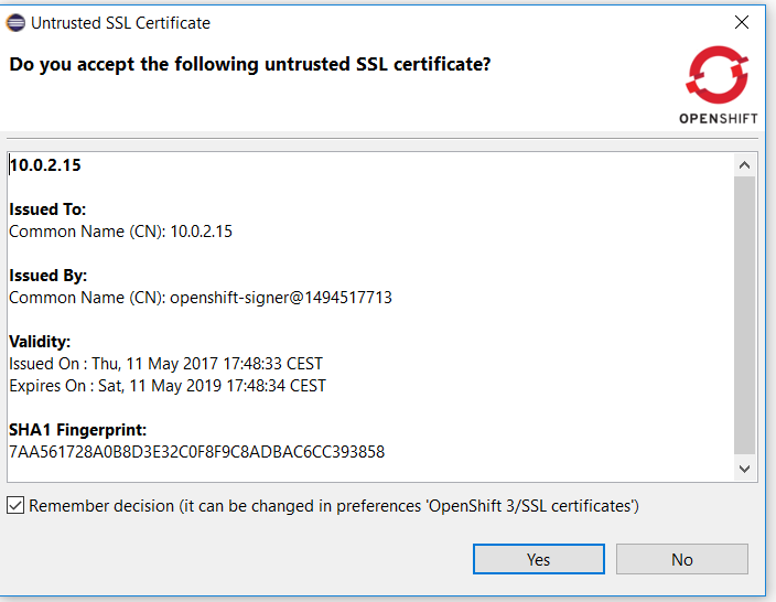 certificate validation dialog