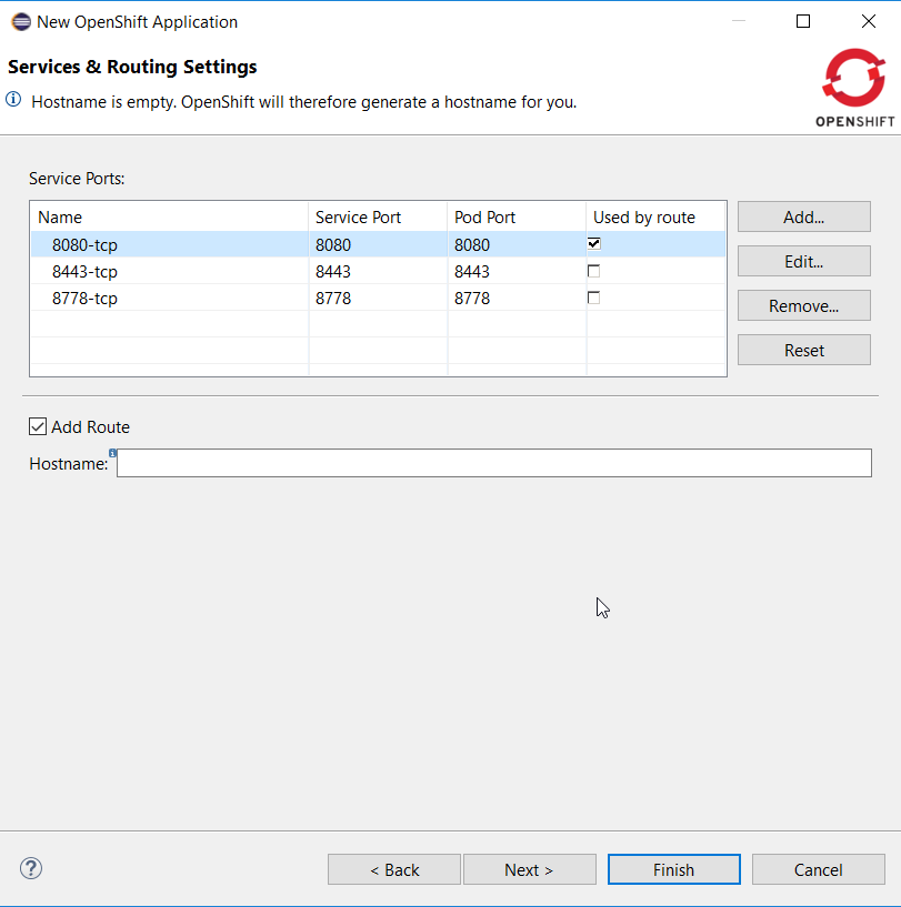 wizard new application route port